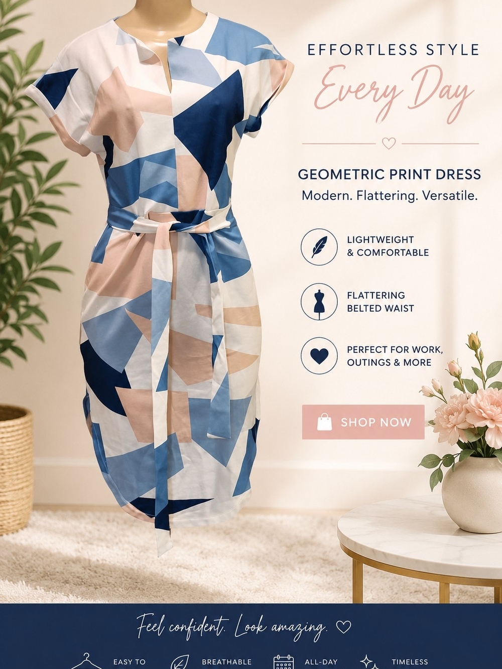 Geometric Print Belted Dress - Blue & Blush